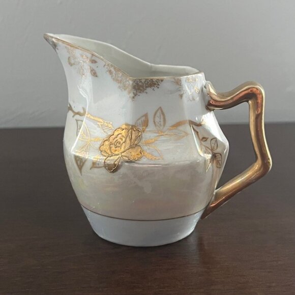 Vintage Creamer Pitcher Floral White Gold Japan - Picture 1 of 10